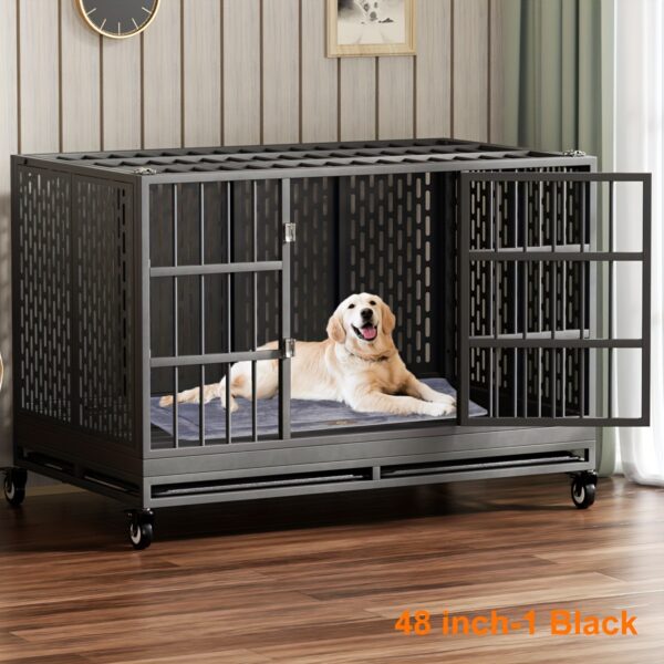 df597535-491e-4d1d-a50e-71ac113e26b3.jpg Snuowu 48 Inch Heavy Duty Dog Crate with Wheels and Unique Air Lift Rod, Folding Metal Big Dog Cage for Large Dogs, Extra Large XL XXL Indestructible Dog Crate with Removable Tray.