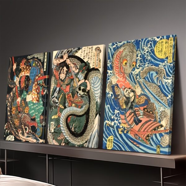 3pcs Framed Canvas Display - Elegant Japanese Art Print, Battle of Ninja and Giant Frog, Dynamic Wall Decor for Living Room, Bedroom, Dorm, Coffee Shop, Bar, Framed Canvas Wall Art