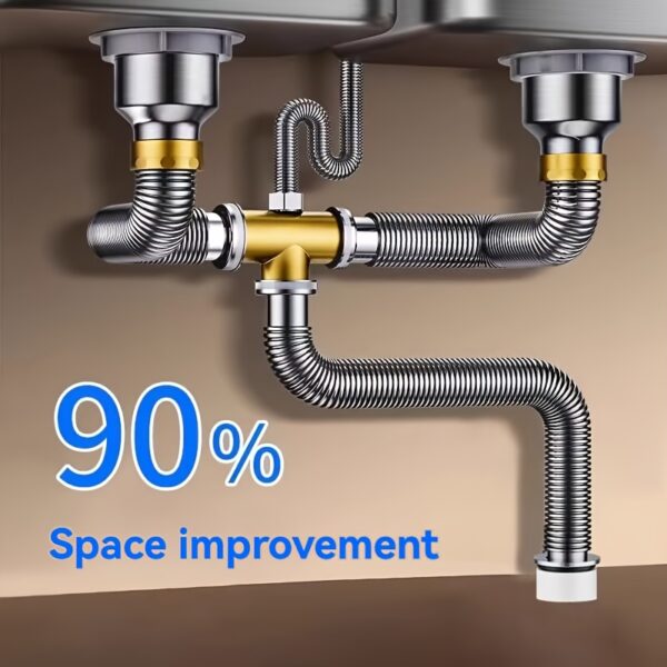 1pc 304 Stainless Steel Flexible P-Drain Valve, Double Bowl Sink Drain Pipe, Deodorizing Kitchen & Bathroom Pipe, Ideal for Toilet, Valentine'S Day Gift, Bathroom Fixtures|Modern Kitchen Accessory|Durable Pipe