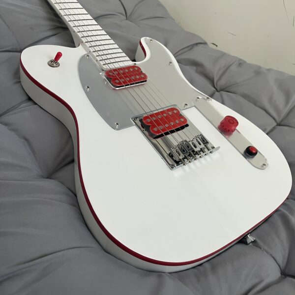 1-Pickup TL Electric Guitar - Arctic White with Red Trim, Ergonomic Neck & Low-Noise Bridge, Kill Switch System, (36V) for, Pop, Metal Music - Ideal for Beginners & Pro Musicians - Operation, Compact & Portable, Arcade Style with Red Switches & Black Fretboard-like Design, White Body & Red Trim, Power Supply Not Included - Guitar