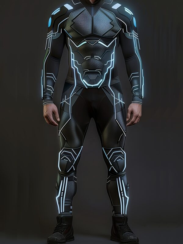 e1306da1-071a-4dd8-9a49-99f6c45057b1.jpg Men's Full-Zip Mecha Suit - Neon Glow-in-the-Dark Full-Body Armor Jumpsuit, Elastic Fiber Shaping Bodysuit for, Gym, Swim & Themed Parties (Retro-Futuristic Anime-Inspired) - Hand Washable