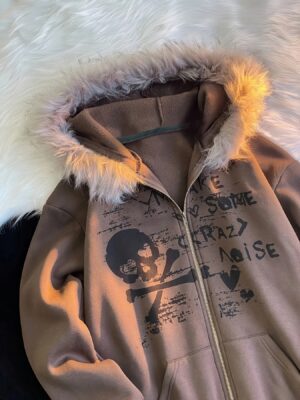 Y2K Style Women's Hoodie with Faux Fur Trim, Long Sleeve, Loose Fit, Alphabet Print, Knit Fabric, Polyester 95%, Elastane 5%, All-Season Hooded Sweatshirt, Oversized Hoodie