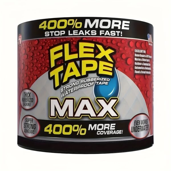 e22da274-7787-4090-95c1-f162a8234d04.jpg Flex Tape MAX - 400% Higher Strength Waterproof Flexible Adhesive Tape, Super Rubberized, Suitable for Indoor/Outdoor Use, Perfect for Home, RVs, Roofs, Pipes, Pools - Black/White, Interior Repair Tape | Rubberized Tape | PVC Material