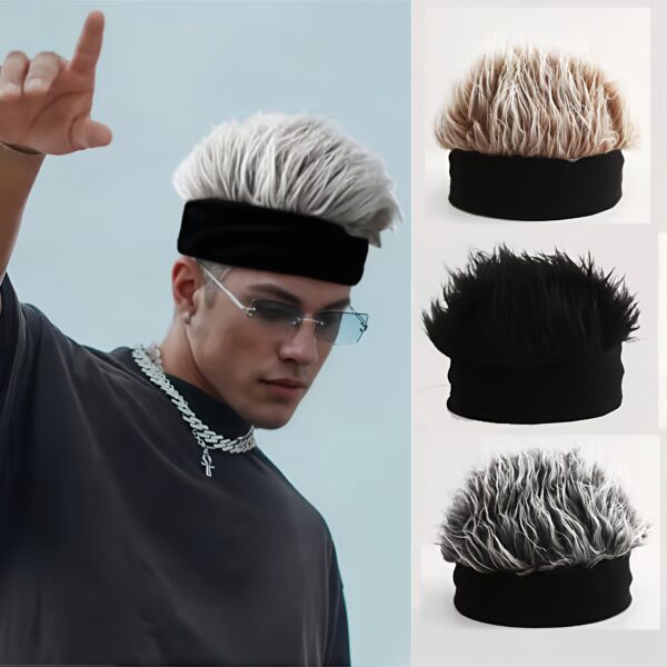 [3 Colors, Sporty Prank Hat] Fun Costume Party Accessory, Sporty Short Hair Prank Hat with Gray Fluffy Wig, Black and White Headband | Soft Texture, Straight Hair Add-On, Available in 3 Colors