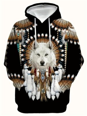 Men's 3D Print Hoodie with Wolf & Tribal Graphic - Full-Body Print Casual Streetwear Sweatshirt, Regular Fit Machine Washable Black Pullover, Essential Hoodie, Detailed Feather Design, Urban Style, Street Style, Durable Fabric, Fashion Enthusiasts