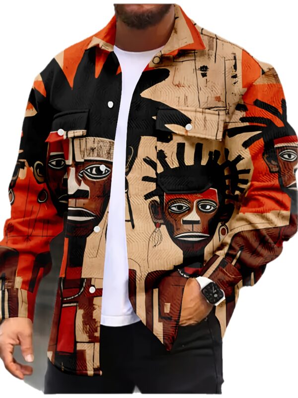 Men's Abstract Dreadlock Character Print Jacket - Vibrant All-Over Tribal Design, Double Chest Pocket & Lapel Collar, Machine Washable Casual & Business-Casual Coat for Outdoor Daily Wear, Spring/Autumn Fashion (Regular Fit, Durable Hot Transfer Print)