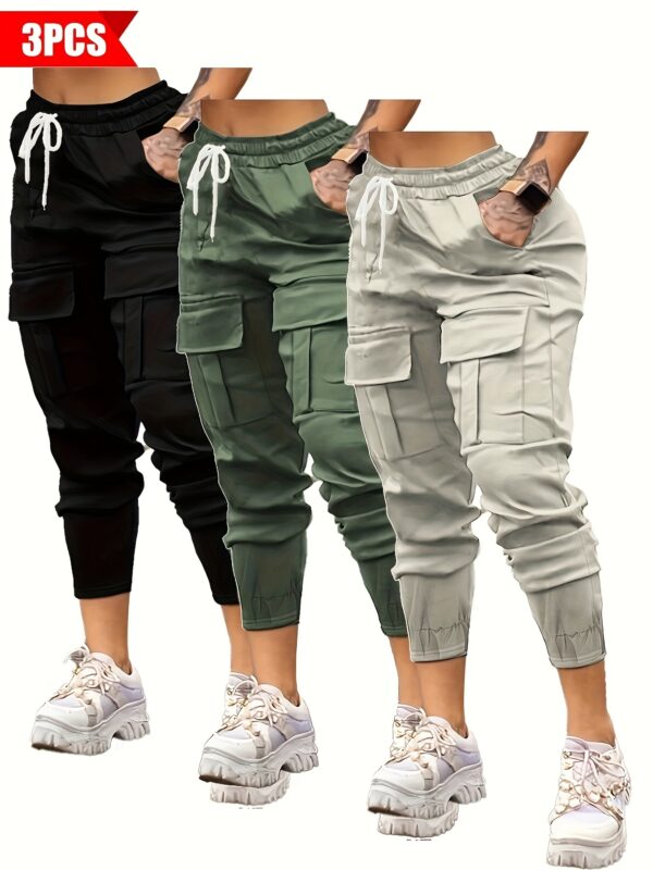 e32ab9e1-df23-4f6b-9ff7-e3d5b42801e1.jpg 3-Pack Women'S Casual Cargo Pants, Solid Color Polyester Non-Stretch Woven Sports Style with Pockets, All-Season Drawstring Joggers for Adults