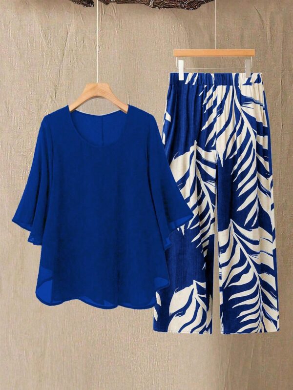 e39bffbd-e31c-4621-8659-0d9b4ceabab3.jpg Elegant Women'S Chiffon Top & Leaf Print Pants Set - Blue & White, Round Neck, Short Sleeve, Polyester Blend, All-Season Fashion, Stylish Outdoor Attire|Chiffon Fabric|Polyester Blend