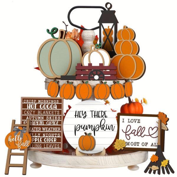 16pcs Thanksgiving Fall Tiered Tray Decorating Set - Fall Pumpkin Leaf Rustic Farmhouse Decorative Tray - Home Kitchen Wooden Tabletop Sign (Rustic)