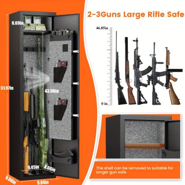 Kavey 2-3 Gun Safe For Home Rifle And Pistols, Rifle Safe With Removable Shelf And Adjustable Gun Slot, Gun Cabinet With Dual Alarm System And Silent Mode, Gun Safe For Rifles And Pistols