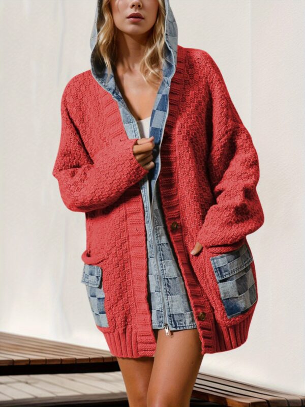 e4c78216de55445baf68aa6cee5339a1-goods.jpeg Women's Casual Oversized Hooded Cardigan Sweater with Denim Patch Pockets & Red Cable Pattern - Chunky Stretchy, Machine Washable, Spring/Fall Streetwear Layering, Sweater, Streetwear Style, Durable Knitwear