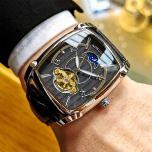 e4e63ff0-624e-40d1-b90d-b0efb234f7ed.jpg 1pc Men's Mechanical Watch with Hollow Flywheel Design - Automatic Winding, Chronograph, Date/Day Display, Black Dial & Golden Hands, Luxury Business & Sports Watch, Square Case, Brown Strap, -Shock, Mechanical Movement, No Required, Stylish & Functional for Formal & Casual Attire