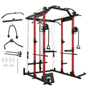 e61ce43a-c56f-4898-80c6-83adb04f4cef.jpg 8-IN-1 Power Rack Cage, a 1500 Lbs Weight Rack Featuring a Cable Crossover Machine, Multifunctional Squat Rack Equipped with J Hooks, Dip Bars, And a Landmine Attachment for Home Gym Use (Red)