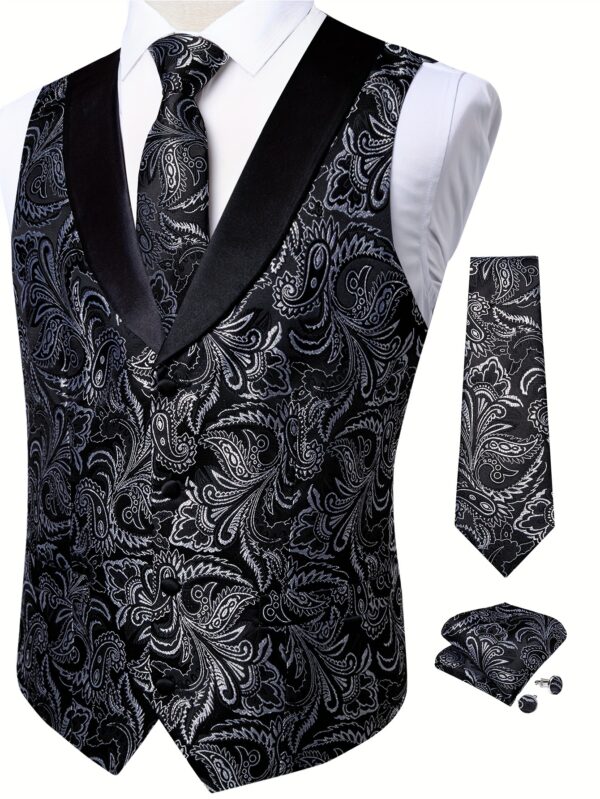 Retro Shawl Collar Purple Paisley Vest for Man Business Causal Men'S Single Breasted Waistcoat wth Necktie Pocket Square Cufflinks