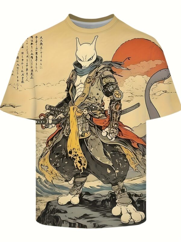 Men'S 3D Anime-Inspired T-Shirt with White Mask Character & Red Sun - Casual Crew Neck, Short Sleeve, Lightweight Polyester Blend, Perfect for Anime Fans & Casual Attire, Anime T Shirts, Fan Merchandise, Dynamic Character Design, Detailed Character Artwork