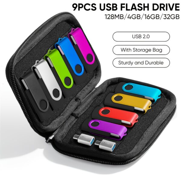 USB Flash Drive Set: 9-Pack 128MB/4GB/16GB/32GB USB 2.0 Thumb Drive with Storage Pouch And 2 USB-C Adapters, Portable Memory Stick for Data Transfer, Compatible with OTG Android Phones, Mac, PC, Laptops