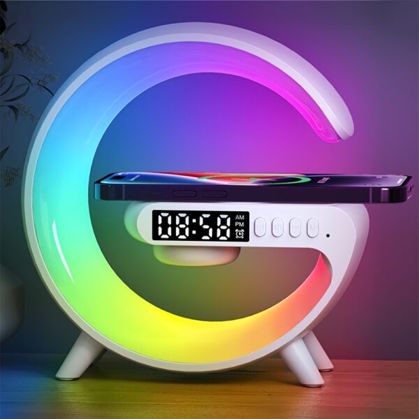RGB Night Light with 256 Color Changing Fast Wireless Charger for Phone Qi 15W Bedside Lamp Mood Lighting Ambient Glow Bluetooth Speaker Alarm Simulation Clock Timer Desk Decor Smart Home for Samsung for iPhone for AirPods Sunrise Simulation