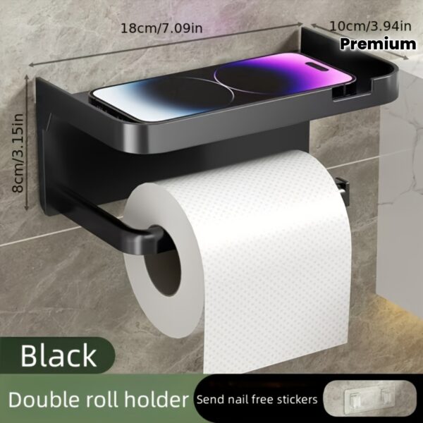 [Stylish Bathroom Organizer] Stylish Glossy Black Premium Self-Adhesive Wall-Mounted Bathroom Tissue Holder with Storage Shelf | Multi-Purpose Organizer for Toilet Paper, Towels, Smartphones & Watches - Perfect for Home and Hotel Bathrooms, Suitable for All 4 Seasons