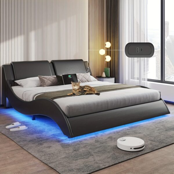 LED Bed Frame Queen Size Faux Leather Platform Bed Frame With Headboard, Wave Like Bed Frame, Easy Assembly, Black
