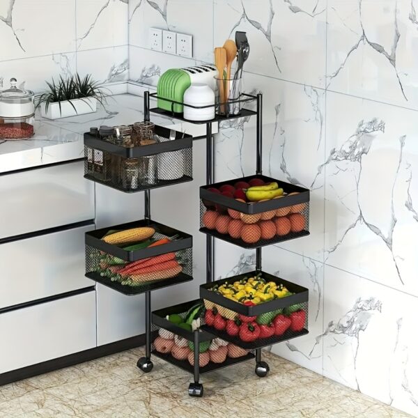 5-Tier Rotating Kitchen Storage Shelf - Metal Wire Mesh & Black Square Baskets on Wheels, Multi-Purpose Floor-Standing Organizer for Fruits Vegetables Utensils, Space-Saving Modern Design for Kitchen Bathroom Pantry, Versatile Trolley | Rotating Storage | Functional Organizer, Kitchen Organizers And Storage