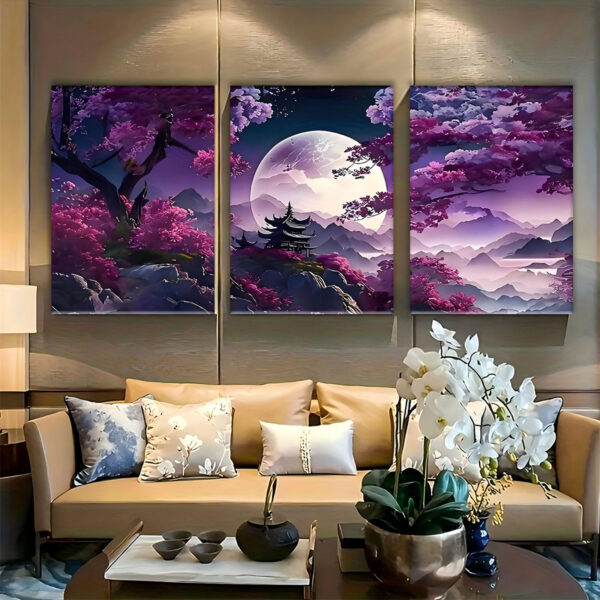 3pcs Rustic Wooden Framed Canvas Art, Modern abstract landscape oil painting, purple background, moon, tree, living room home art print wall, for Christmas poster