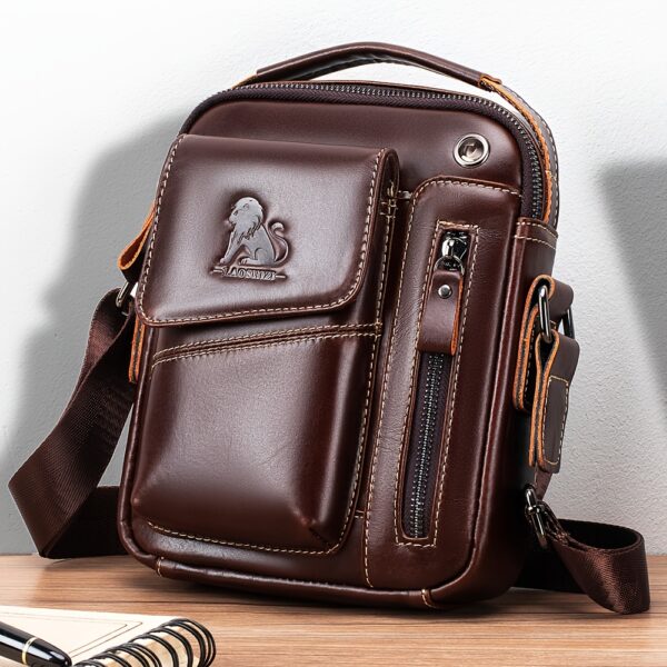1pc Fashion Genuine Leather Men'S Crossbody Bag, Adjustable Shoulder Strap, Multi-Compartment Satchel with Top Handle, Zipper Closure, Non-Washable, for Outings - Dark Brown