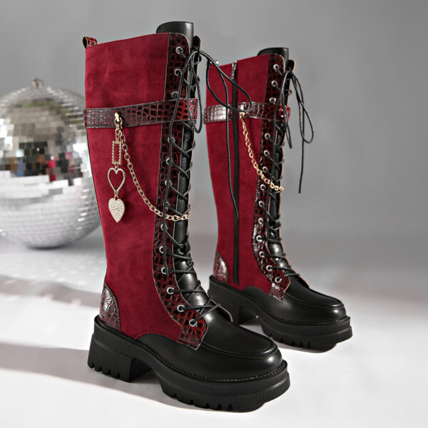 e9402017676746fd8d1778f45cfcdc1c-goods.jpeg Women's Winter New Solid Color Patchwork Lace-Up Heart Metal Chain Side Zipper Chunky Heel Knee-High Boots, Fashionable Versatile Casual High-Heeled Ankle Boot