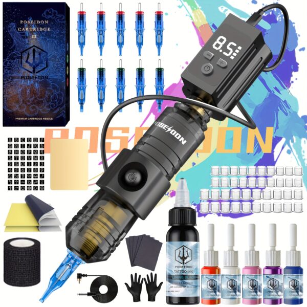 POSEIDON Wireless Tattoo Gun Kit, Rotary Tattoo Pen, 1200mAh Battery With Ring Switch, 10 Cartridge Needles, 6 Inks, Complete Cordless Tattoo Machine Kit For Beginners And Artist, Tattoo Supplies, New Year Discount Holiday Gift