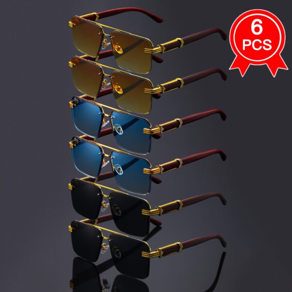 6pcs Retro Oversized Rimless Fashion Glasses for Men & Women - Double Bridge Design, Wood Grain Hip-Hop Style, 3 Colors (Blue, Brown, Black), PC Polycarbonate Frame & Lenses, Unisex Durable Accessories, Party Eyewear, Stylish Eyewear, Lightweight Eyewear, Statement Eyewear, Fashion Lovers, Trendy Eyewear, Highquality Lenses, Statement Glasses, Fashion Enthusiasts