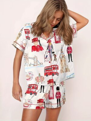 e9a78bc6-b376-4da3-ab12-96c60b61a92f.jpg Casual Watercolor Painting Print Pajama Set, Short Sleeve Buttons Lapel Top & Shorts, Women's Sleepwear & Loungewear