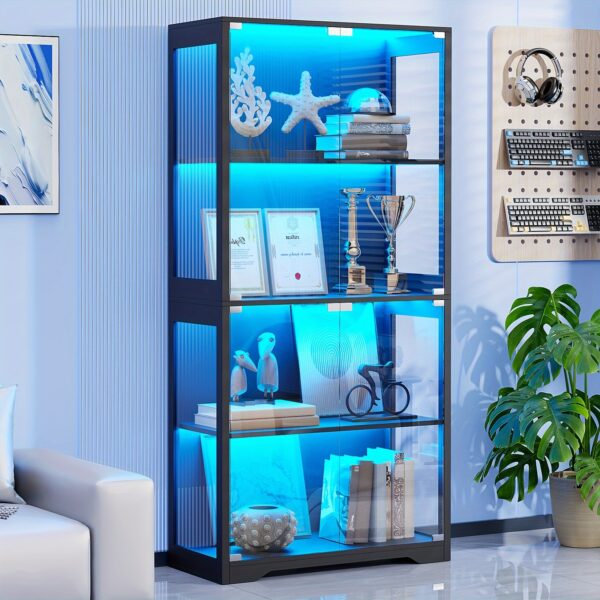 Display Cabinet with Glass Door, Storage Cabinet with 3-Color Light, 4-Layer Antique Bookshelf, Suitable for Collectors, Antiques, Books, Suitable for Game Room, Bedroom, Study