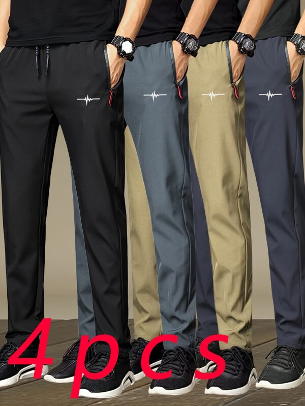 e9c8f8b9-9f34-4536-85ac-fe9e01f7e3ce.jpg 4pcs Men's Casual Pants - Summer Athletic Zipper Pockets, Printed Design, Regular Fit for Hiking Running Outdoor Activities, Machine Washable, 4 Colors (Black/Grey/Beige/Blue) - Ideal Men's Gift