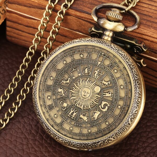 Vintage Bronze-Tone Tarot Zodiac Pocket Watch Necklace with Quartz Movement - Astrological Sun Moon Stars Design, Roman Numerals & Engraved Detailing - Couples Gift for Men & Women, Novelty Accessory, Astromlogical Motif, Classic Appearance