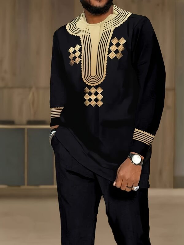 New products in 2025, a two-piece set for men consisting of a long-sleeved T-shirt and long pants in ethnic style. The classic black and Golden color combination and artistic and fashionable design make it suitable for daily outings and casual wear.