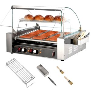 ROVSUN Hot Dog Roller, 7/11 Rollers 18 Hot Dog Roller Grill Cooker Machine w/Dual Temp Control, Cover, LED Lighting, Removable Shelf & Drip Tray for Party Home Commercial 1050W