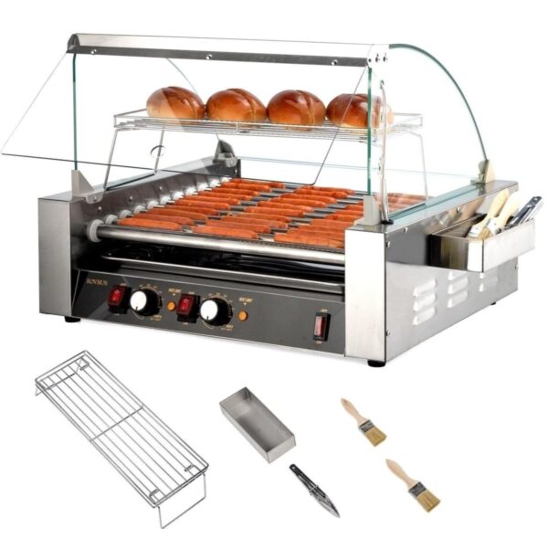 ROVSUN Hot Dog Roller, 7/11 Rollers 18 Hot Dog Roller Grill Cooker Machine w/Dual Temp Control, Cover, LED Lighting, Removable Shelf & Drip Tray for Party Home Commercial 1050W