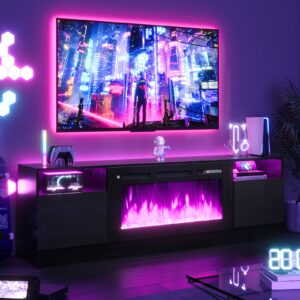 Modern Electric Fireplace TV Stand Entertainment Center with 36.3" Wall-Mounted Fireplace, 12-Color LED Lights, High-Gloss Storage Cabinet & Hardwood Construction - Fits TVs Up to 80", Energy-Efficient, Adjustable Timer, Easy Assembly, Tv Table with Fireplace, Living Room Furniture, Home Theater Setup, Stylish Media Console, Contemporary Design, Energysaving Heater, Durable Wood Finish, Multicolor Lighting, Small Space Solutions, Apartment Living