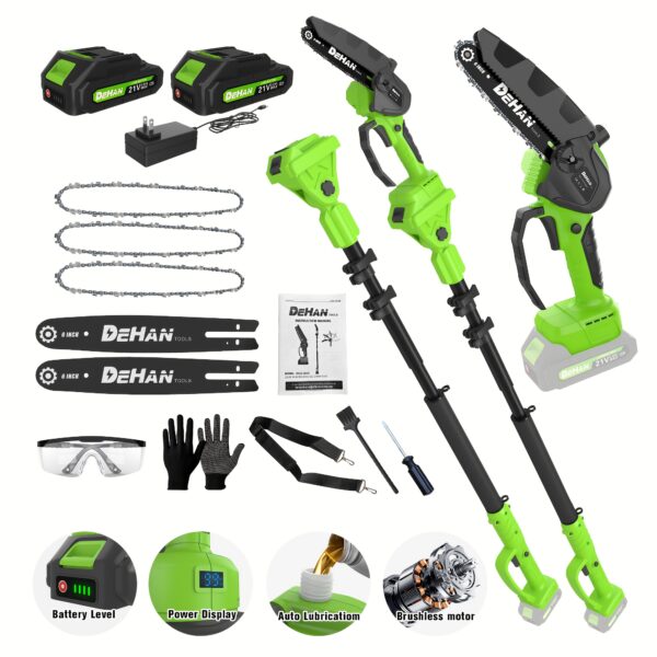 6-inch 2-in-1 Wireless Chainsaw, Upgraded Brushless Motor, Mini Handheld Portable Chainsaw, Extendable And Foldable Battery-powered Pruning Rod Saw With 3 Chains And 2 Batteries, Gardening Supplies, Up To 9.2 Feet, Suitable For Tree/wood Cutting