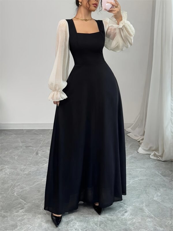 Women's Elegant Square Neck Long Sleeve Dress with Contrast Cuffs & Waist Tie - Black & White Contrast Ruffled Hem, Machine Washable Spring/Summer Dress for Casual to Formal Occasions, Summer Dresses, Formal Attire, Sophisticated Styling, Twist Front Detail