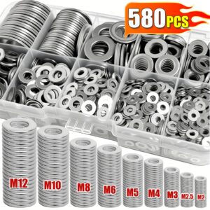 580pcs 304 Stainless Steel Flat Washer Set, Durable Material, Polished Surface, O-Ring Fastener Spacer Set with Storage Box, Includes 9 Common Sizes (M2-M12), Suitable for Outdoor Architecture Home Decor, Factory Maintenance, Kitchen, DIY Projects