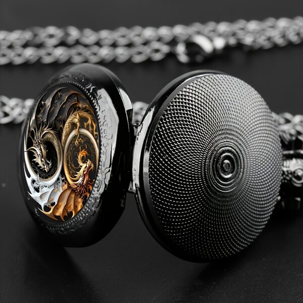 Vintage Golden And Silvery Double Dragon Pattern Necklace Pendant Quartz Pocket Watch