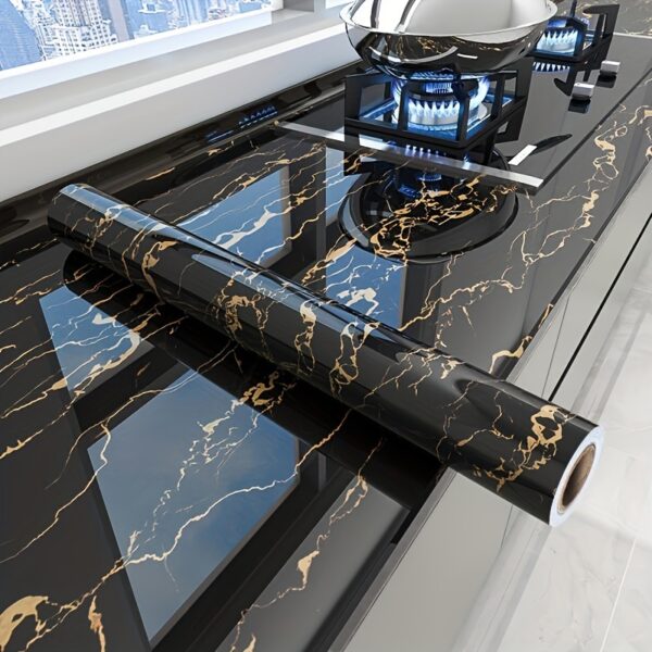 [Easy Install Marble Wallpaper Decor] Black & Golden Marble Self-Adhesive Wallpaper - Waterproof, Oil & Heat Resistant, Easy Install for Kitchens, Cabinets, Furniture & Walls, Desktop, Room Decoration Renovation, Strong Adhesive Backing