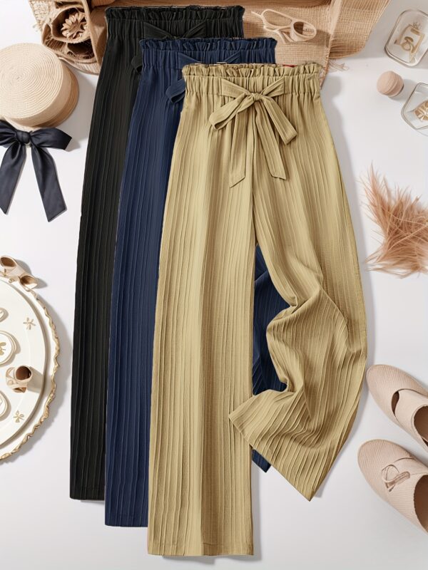 ef59779a-dfc6-4575-85d6-e811a3fad430.jpg 3pcs Women's Elegant Wide-Leg Pants with Bow Detail - Solid Color Loose Fit Trousers in Black, Pink & Beige | Machine Washable Non-Stretch Fabric for All-Season Wear, Cute Pants