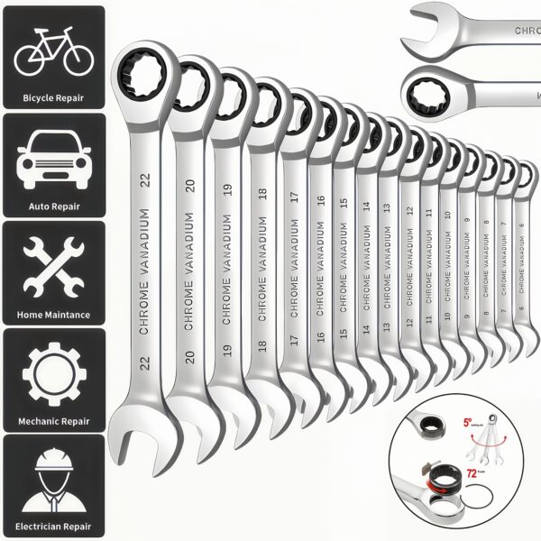 8,10,11,13mm 4pcs 72-Tooth Multi-Function Ratchet Wrench Set, High Hardness Chrome Vanadium Steel Material, Industrial Grade Hardware Repair Tool, Rust-Proof Treatment for Durability, Suitable for Car and Home Maintenance