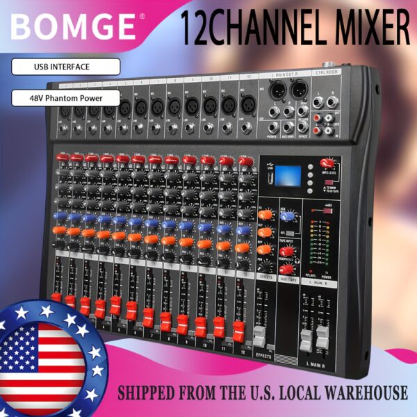 BOMGE Professional 12-Channel Audio Mixer Board with USB Audio Jack, XLR Inputs/Outputs, 48V Phantom Power - DJ/Studio/Live Sound Console, Compatible with PC/Mac, Compact Mixing Board for Home/ - CT-80S/CT-120S Model, Studio Recording Equipment, Sleek Design, Highquality Preamps