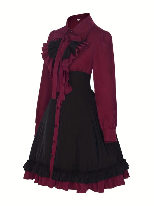 Women's Gothic Victorian Dress - Long Sleeve Burgundy & Black Two-tone, Layered Necklines, Flared Skirt - Elegant Gothic Party, Renaissance Faire, Wedding Guest Costume - Non-See-Through Formal Attire, Gothic Accessories, Halloween Costume, Princess Silhouette, Ruffled Sleeves