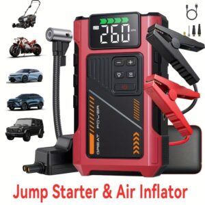 4000A Jump Starter With Air Compressor, 4000A Peak Battery Jumper Starter Portable, Jump Box For Car Battery, 12V Portable Jump Starter For 2.11gal Gas & 1.72gal Diesel Cars With USB Ports & LED Flashlight, Portable Car Jump Starter