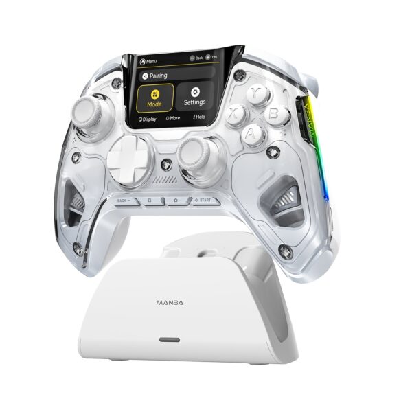 Interactive Screen Wireless Gaming Controller for PC/Switch/iOS/Android/Steam Deck, Hall Effect Stick & Trigger, RGB Lighting, Remappable Buttons, 1800mAh with Charging Dock -V2/White(No Drift).[Notice]Not Compatible with Xbox And PS5