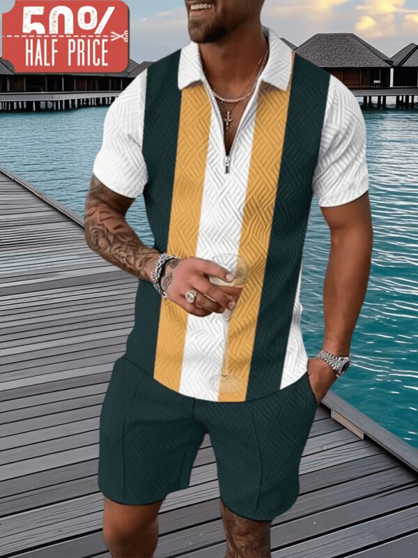 f22448b2-6931-4c1f-a582-713354823e78.jpg 2pcs Set, New European And American Men'S Fashion Geometric Pattern V-Neck Polo Shirt Shorts Set, Men'S Breathable And Skin-Friendly, Short-Sleeved Polo Slacks Set