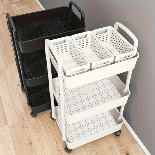 3-Tier Durable Plastic Rolling Storage Cart with Wheels - Easy to Move, Black & White Organizer for Kitchen, Bathroom, Bedroom - Compact Design with Handles for Versatile Use